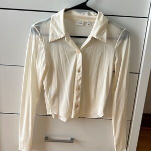 Aritzia Wilfred cream sheer button up top.